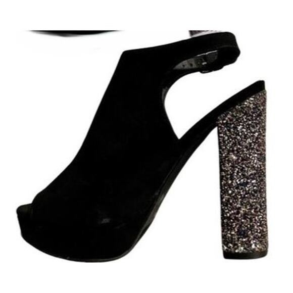 Charlotte Russe Heels Womens 6 Black Faux Suede Peep Toe Sparkly 5” Heels - Picture 1 of 7